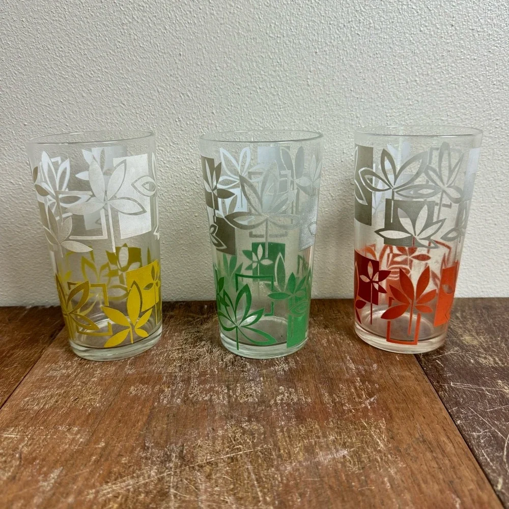 Set of 3 MCM Vintage Two Tone floral print drinking glasses yellow green orange‎